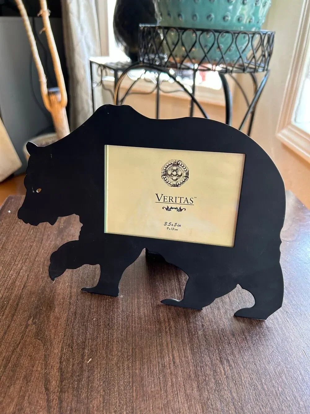 New black bear shaped tabletop picture frame from Veritas holds 3.5